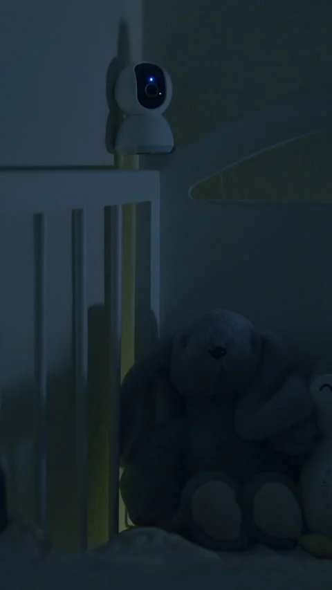 Softly lit nursery scene featuring plush toys and a baby monitor, camera Stock Footage 322178065