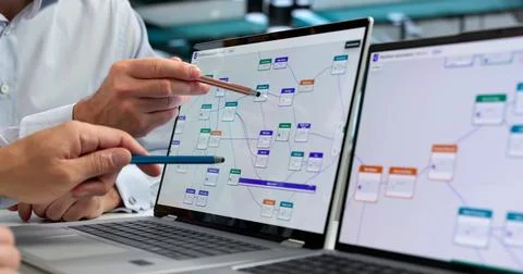 Software Analysts Discuss Automated Workflow Improvements Using Cloud Tools T Stock Photos