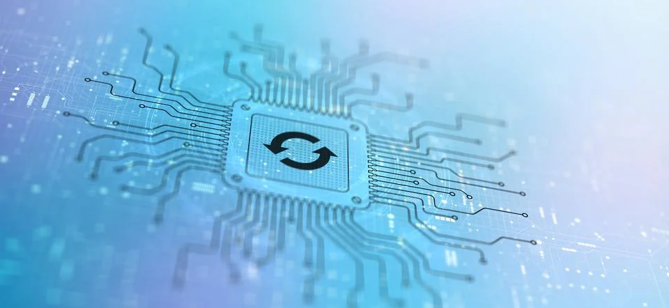 Software and Hardware Update Illustrated on a Processor, Business and Technol Stock Photos