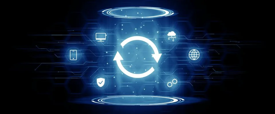 Software and hardware upgrade concept. Abstract hologram projected. Stock Photos