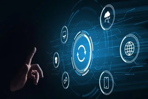 Software and hardware upgrade concept. The hand touches the hologram. Stock Photos