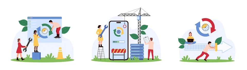 Software and mobile app update process set, tiny people holding rotation arrows Illustrazione stock