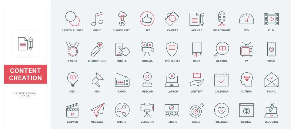 Software and services for blogging, content creation thin black and red line 스톡 일러스트