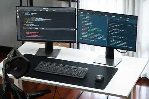 Software application in creating program code database job pc screens. Gusher. Stock-Fotos