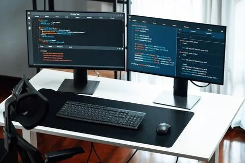 Software application in creating program code database job pc screens. Gusher. Stock-Fotos