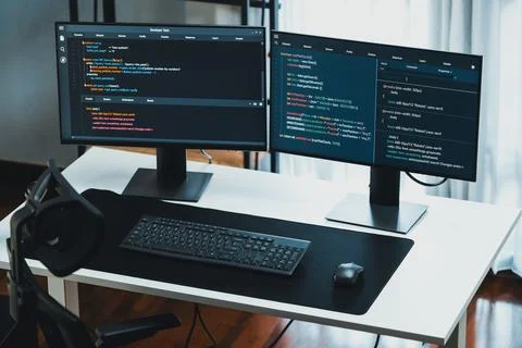 Software application in creating program code database job pc screens. Gusher. Stock Photos