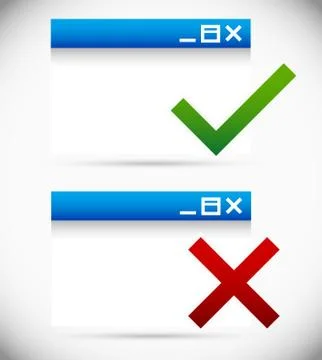 Software, application window with checkmark and cross. Safe, unsafe. Internet Illustrazione stock