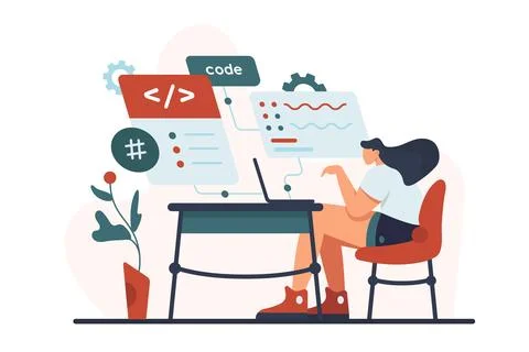 Software, backend development, work process with program code by professional Stock Illustration