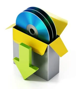 Software box with Bluray disc inside and download upload arrows isolated o... Stock Photos