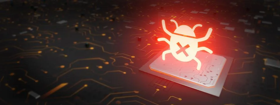 Software bug. Circuit board bug icon hologram 3D Rendering Illustrazione stock