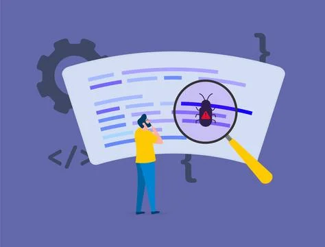 Software bug concept. Optimize and debug code mobile app, QA software dev, test Stock Illustration