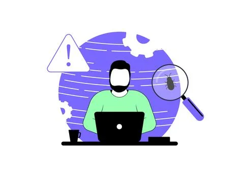 Software bug concept. Optimize and debug code, QA software testing and Stock Illustration