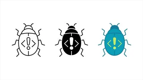Software bug icon set with code symbol and warning sign vector illustration Stockillustratie