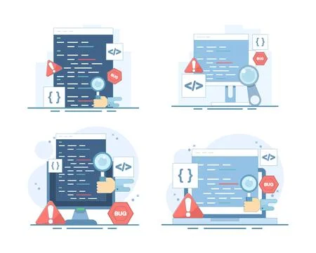 Software bug report set featuring a magnifying glass over a computer program Ilustración de archivo
