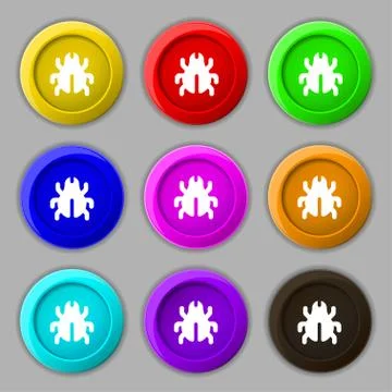 Software Bug, Virus, Disinfection, beetle icon sign. symbol on nine round col Stock-Illustration