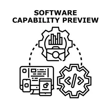 Software capability preview illustrating development and analytics Illustrazione stock