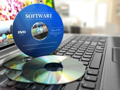 Software cd on laptop keyboard. compact disks. Stock Illustration