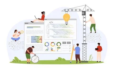 Software code and application development in open source platform by tiny people Stock Illustration