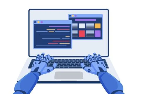 Software code automation development using AI, machine learning, robot coding at Stock Illustration
