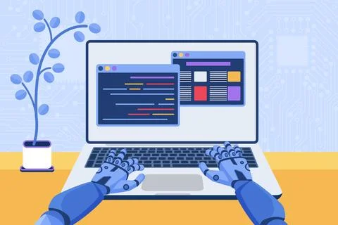 Software code automation development using AI, machine learning, robot coding at Stock Illustration