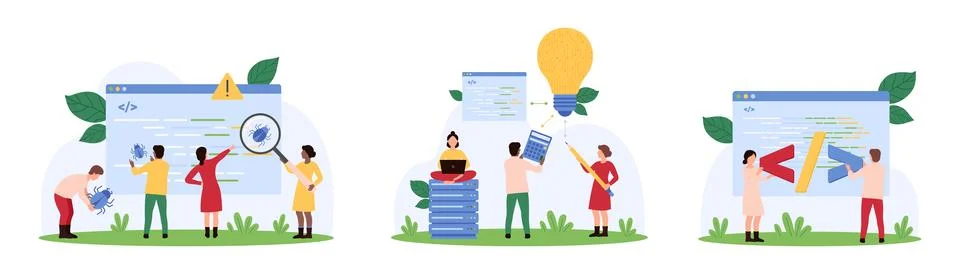 Software code development, testing set, tiny people look for program bugs in Stock Illustration