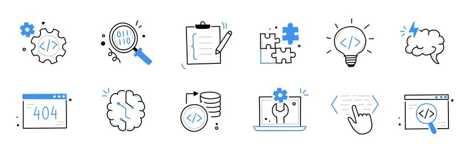 Software code icon doodle set. Hand drawn line sketch software coding doodle Illustrazione stock