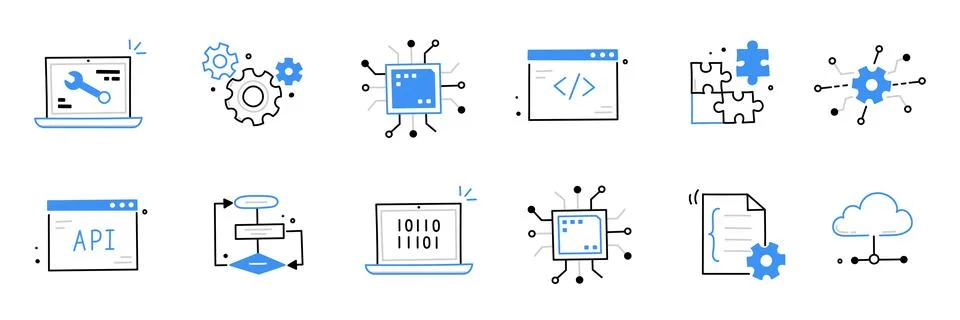 Software code icon doodle set. Hand drawn line sketch software coding doodle Stock Illustration