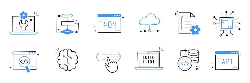 Software code icon doodle set. Hand drawn line sketch software coding doodle Stock Illustration