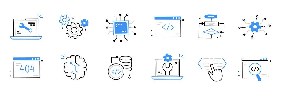 Software code icon doodle set. Hand drawn line sketch software coding doodle Stock Illustration