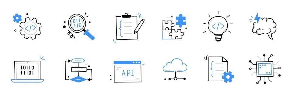 Software code icon doodle set. Hand drawn line sketch software coding doodle Stock Illustration