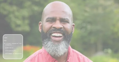 Software coder smiling in garden, HTML snippets appearing and evolving into Stock Footage 319568245