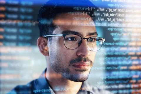 Software, coding hologram and man thinking of data analytics, night Stock Photos