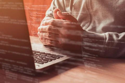 Software compiling on laptop computer, software developer and programer compl Stock Photos