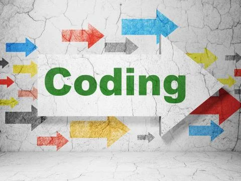 Software concept: arrow with Coding on grunge wall background Stock Illustration