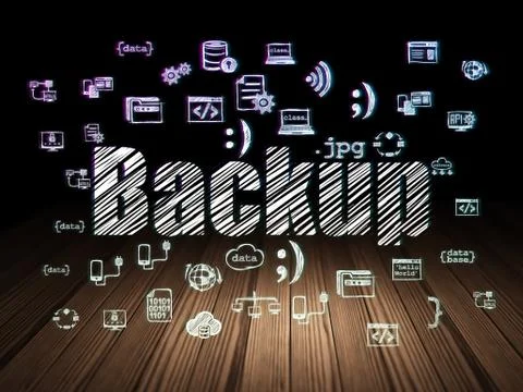 Software concept: Backup in grunge dark room Stock Illustration