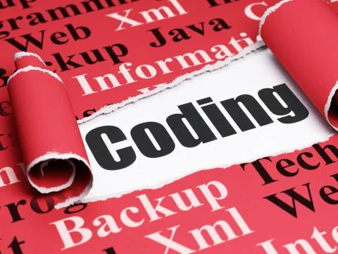 Software concept: black text Coding under the piece of  torn paper Stock Illustration