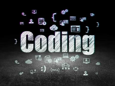 Software concept: Coding in grunge dark room 스톡 일러스트