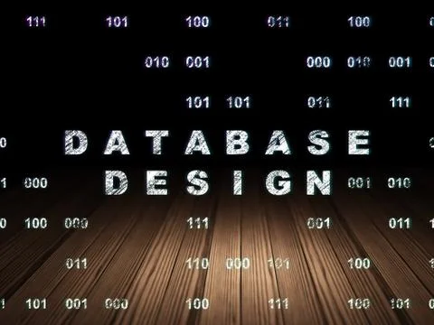 Software concept: Database Design in grunge dark room 库存插图