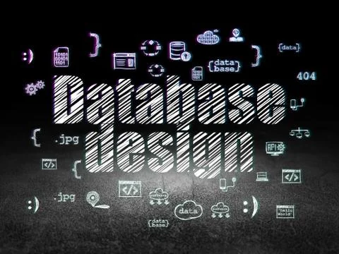 Software concept: Database Design in grunge dark room Stock Illustration