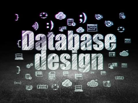 Software concept: Database Design in grunge dark room Stock Illustration