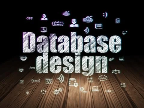 Software concept: Database Design in grunge dark room Stock Illustration