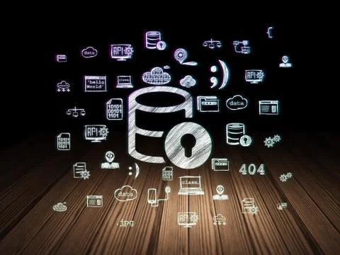 Software concept: Database With Lock in grunge dark room Ilustração Stock