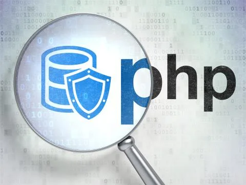 Software concept: Database With Shield and Php with optical glass Stock Illustration