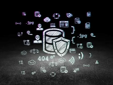 Software concept: Database With Shield in grunge dark room Ilustração Stock