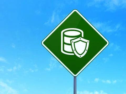 Software concept: Database With Shield on road sign background Stock Illustration