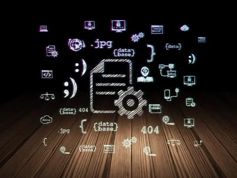 Software concept: Gear in grunge dark room Stock Illustration
