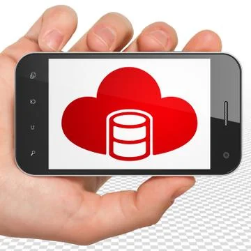 Software concept: Hand Holding Smartphone with Database With Cloud on display 스톡 일러스트