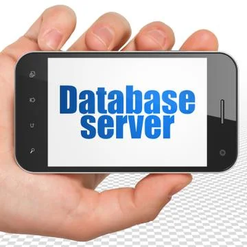 Software concept: Hand Holding Smartphone with Database Server on display Stock Illustration