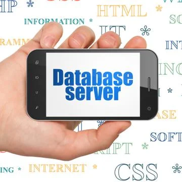 Software concept: Hand Holding Smartphone with Database Server on display イラスト素材
