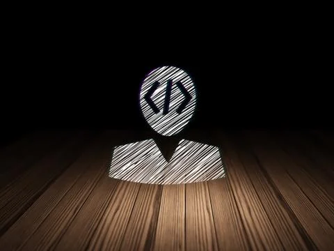 Software concept: Programmer in grunge dark room Stock Illustration